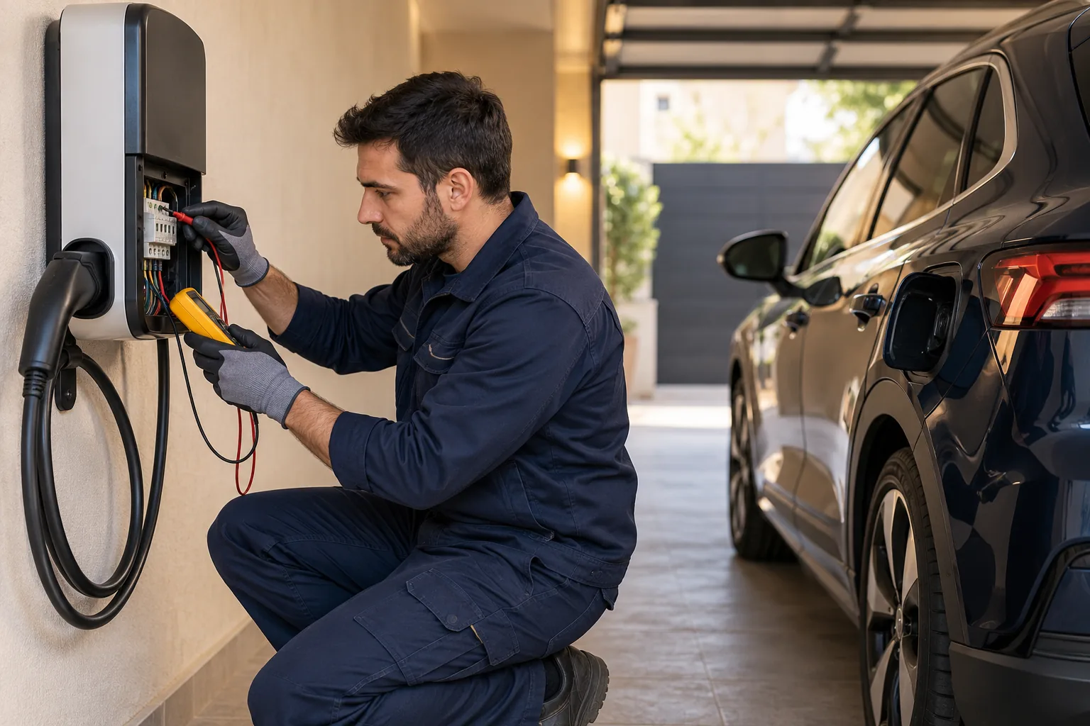 Electricista revisando un punto de recarga de coche eléctrico