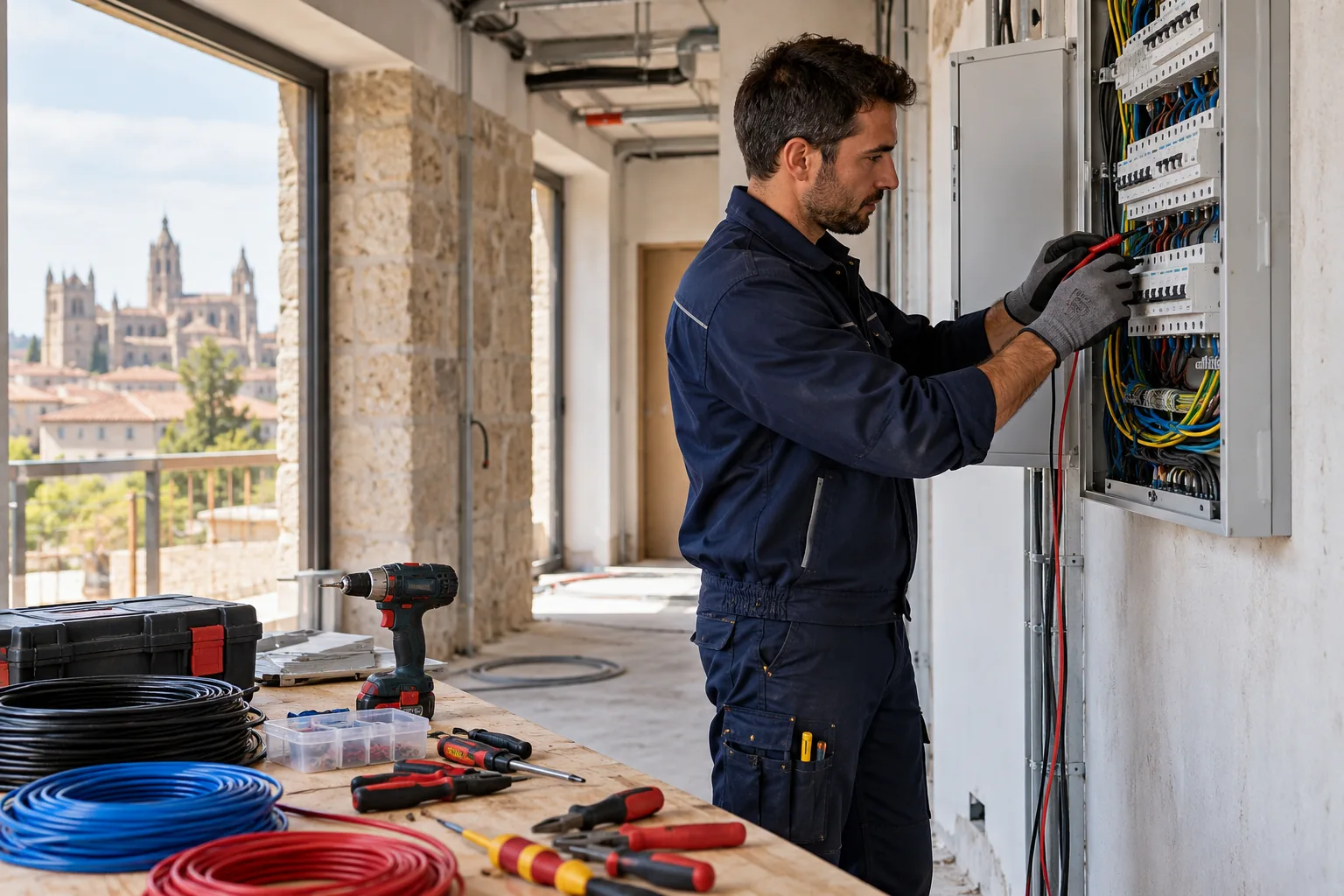 Electricista revisando una instalación eléctrica